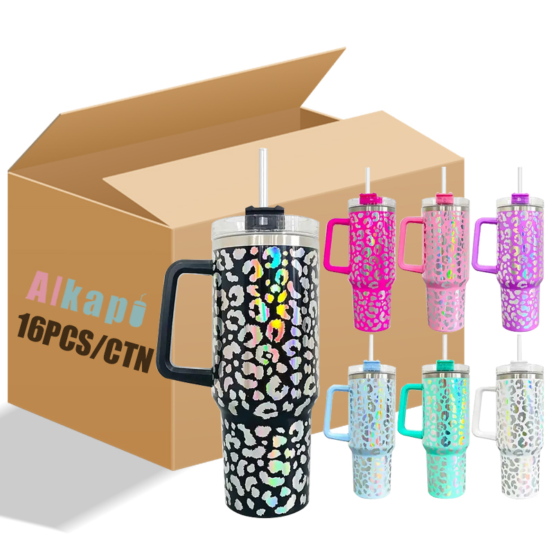 USA RTS 40oz V1 Laser engraving holographic leopard print tumbler with handle