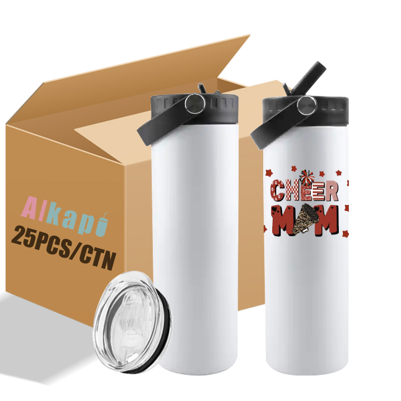 USA RTS 20oz Sublimation Blank Straight Water Bottle With Black Handle Dual Lid And Straw