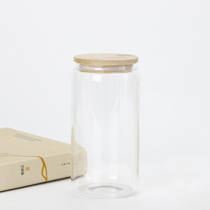 USA RTS 16oz Sublimation Blank Clear Glass Can with bamboo lid and plastic straw