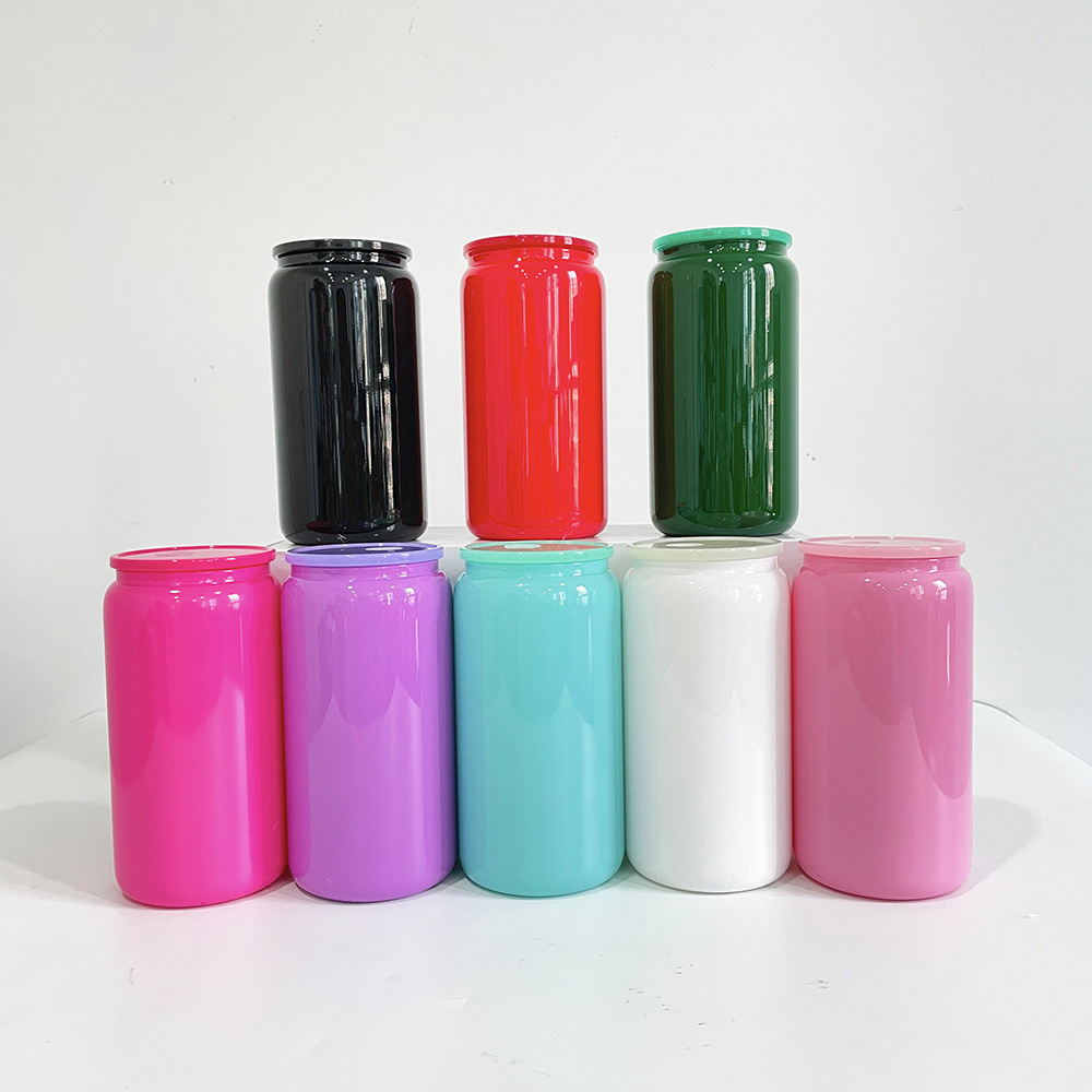 CHINESE WAREHOUSE Sublimation 16oz Black Glass Can With Plastic Straw