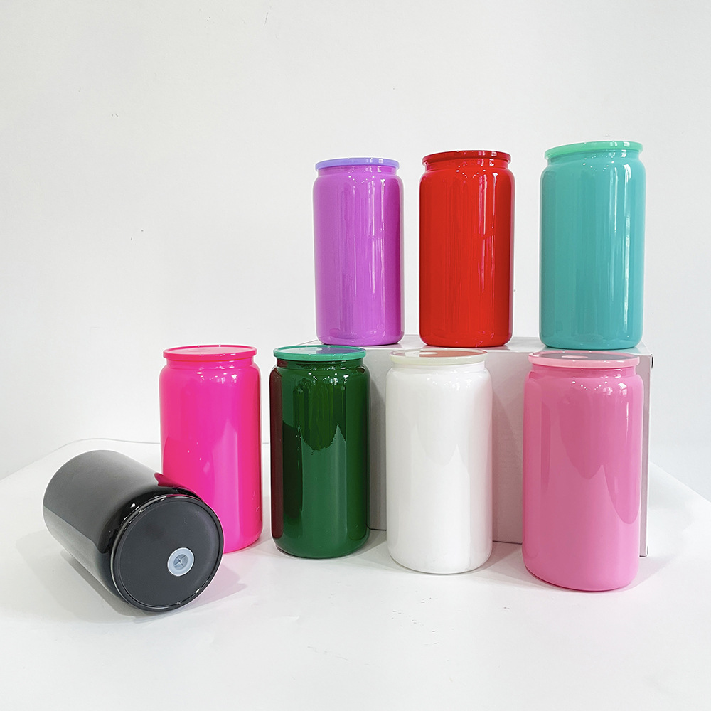 CHINESE WAREHOUSE Sublimation 16oz Black Glass Can With Plastic Straw