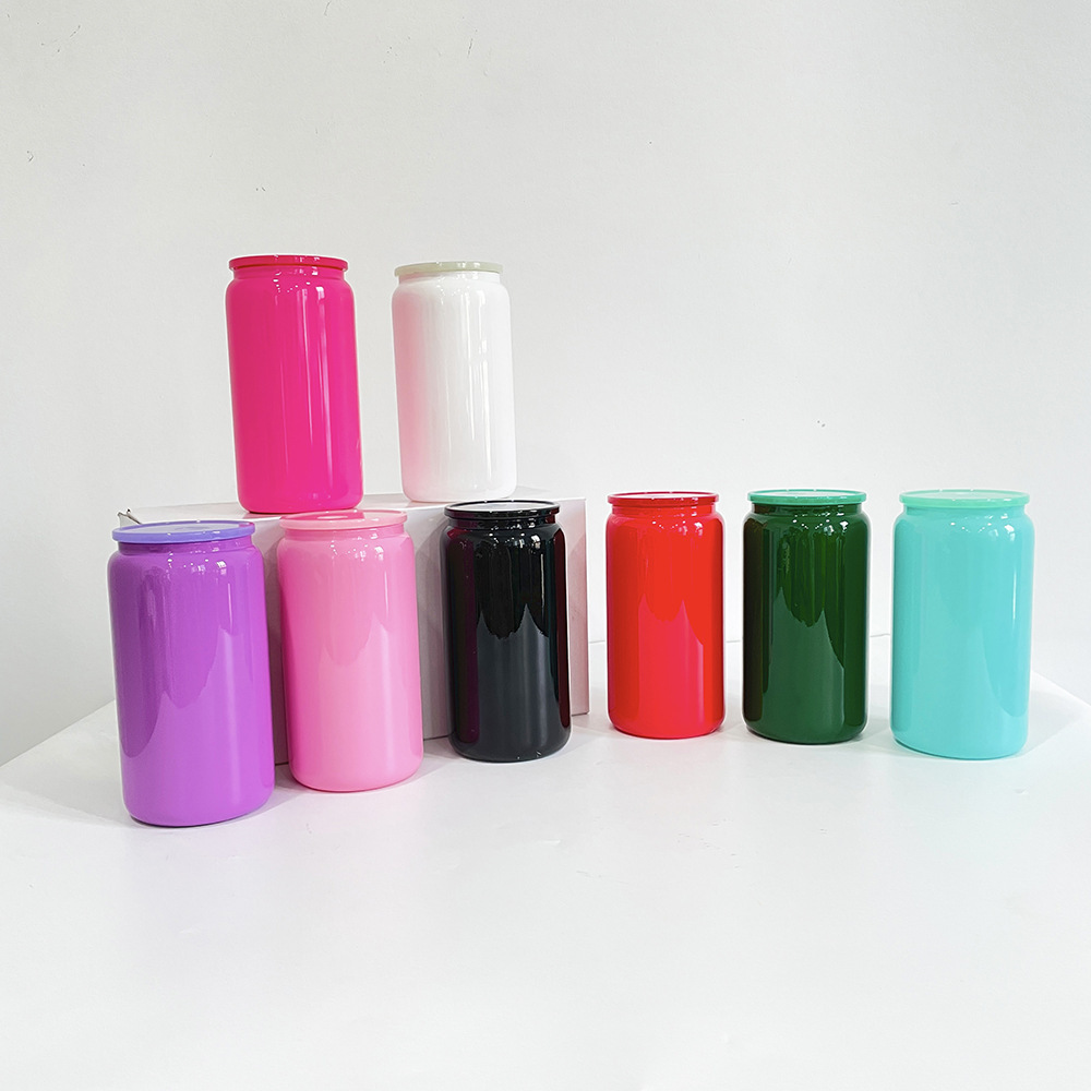 CHINESE WAREHOUSE Sublimation 16oz Black Glass Can With Plastic Straw