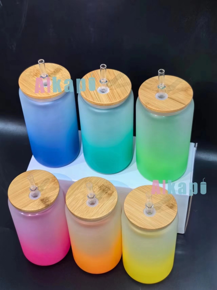USA RTS 16oz Sublimation Blank Ombre Gradient Frosted Glass Can