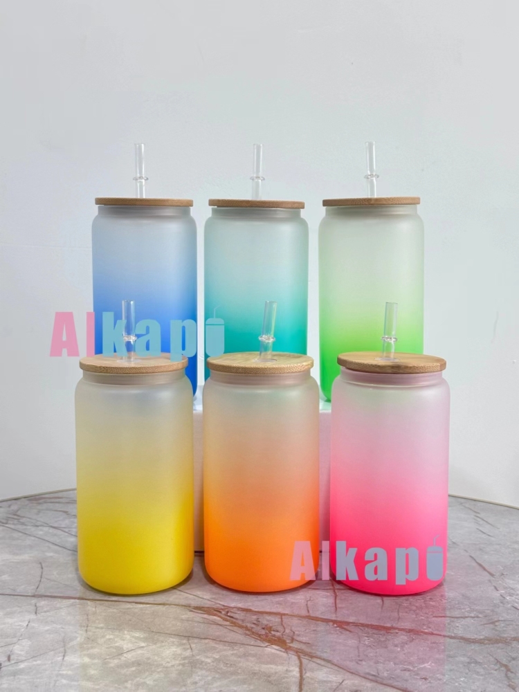 USA RTS 16oz Sublimation Blank Ombre Gradient Frosted Glass Can
