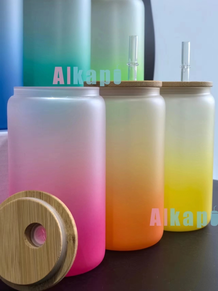 USA RTS 16oz Sublimation Blank Ombre Gradient Frosted Glass Can