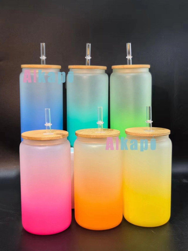 USA RTS 16oz Sublimation Blank Ombre Gradient Frosted Glass Can