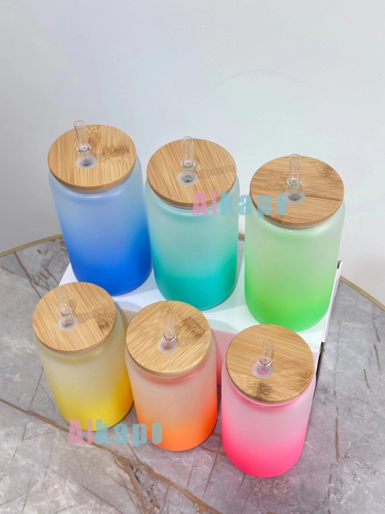 USA RTS 16oz Sublimation Blank Ombre Gradient Frosted Glass Can