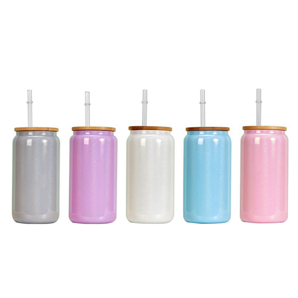 USA RTS 16oz Shimmer Glitter Glass Can With Colorful Lids And Plastic Straw