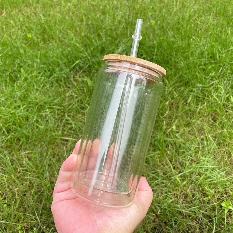 USA RTS 16oz Sublimation Double Wall Clear Glass Can With Bamboo Lid And Plastic Straw