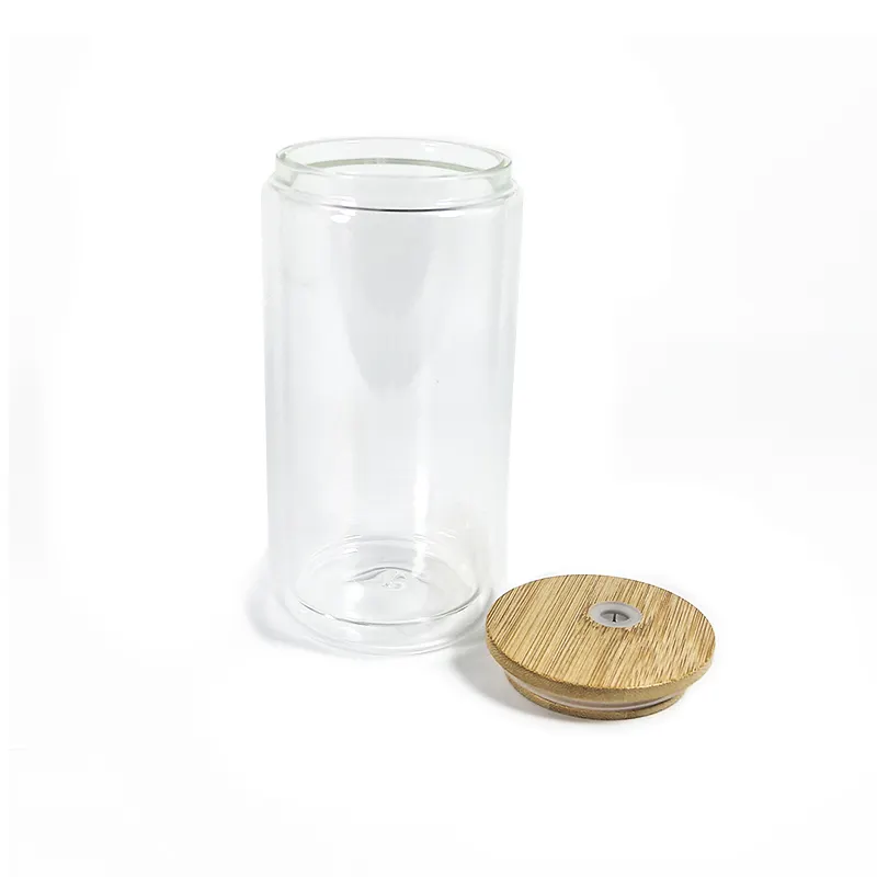 USA RTS 16oz Sublimation Double Wall Clear Glass Can With Bamboo Lid And Plastic Straw