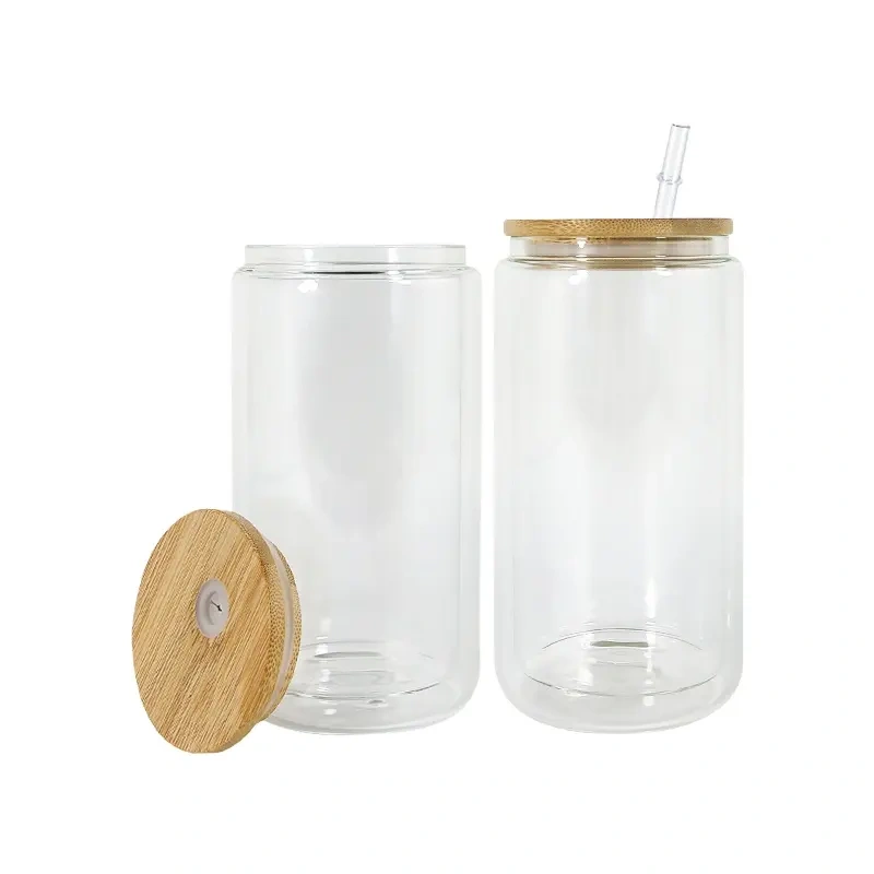USA RTS 16oz Sublimation Double Wall Clear Glass Can With Bamboo Lid And Plastic Straw