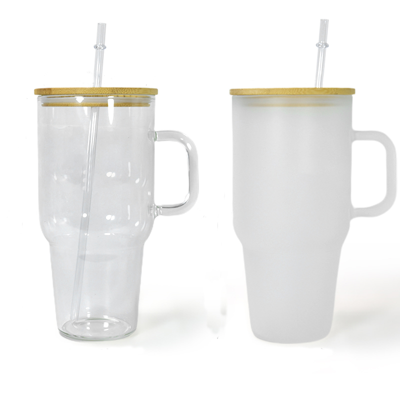 USA RTS 32oz 40oz Sublimation Frosted Clear Glass Bottle With Wooden Lid and Handle