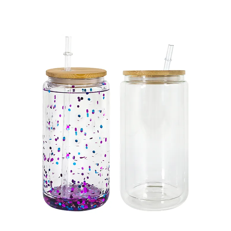 USA RTS 16oz Sublimation Double Wall Clear Glass Can With Bamboo Lid And Plastic Straw
