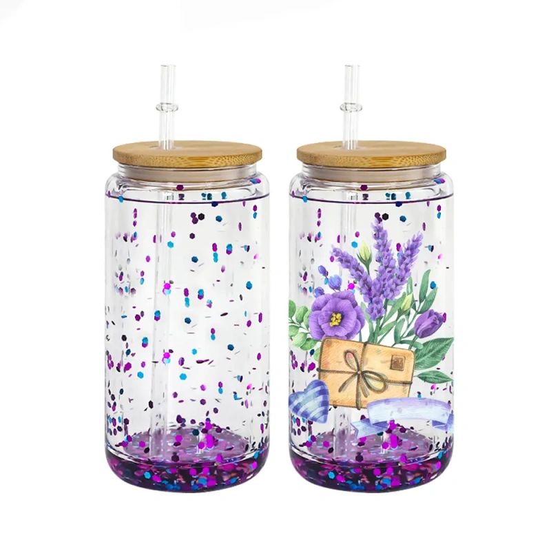 USA RTS 16oz Sublimation Double Wall Clear Glass Can With Bamboo Lid And Plastic Straw