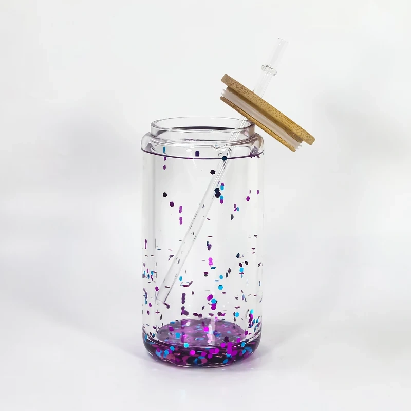 USA RTS 16oz Sublimation Double Wall Clear Glass Can With Bamboo Lid And Plastic Straw