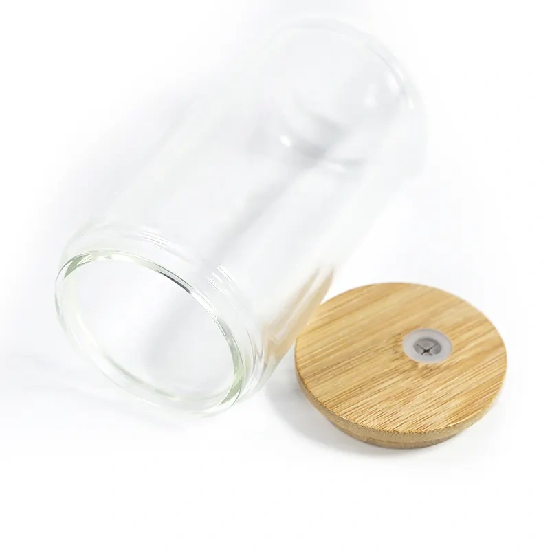 USA RTS 16oz Sublimation Double Wall Clear Glass Can With Bamboo Lid And Plastic Straw