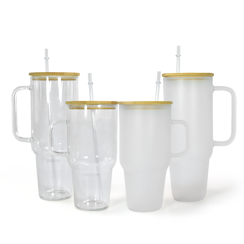 USA RTS 32oz 40oz Sublimation Frosted Clear Glass Bottle With Wooden Lid and Handle