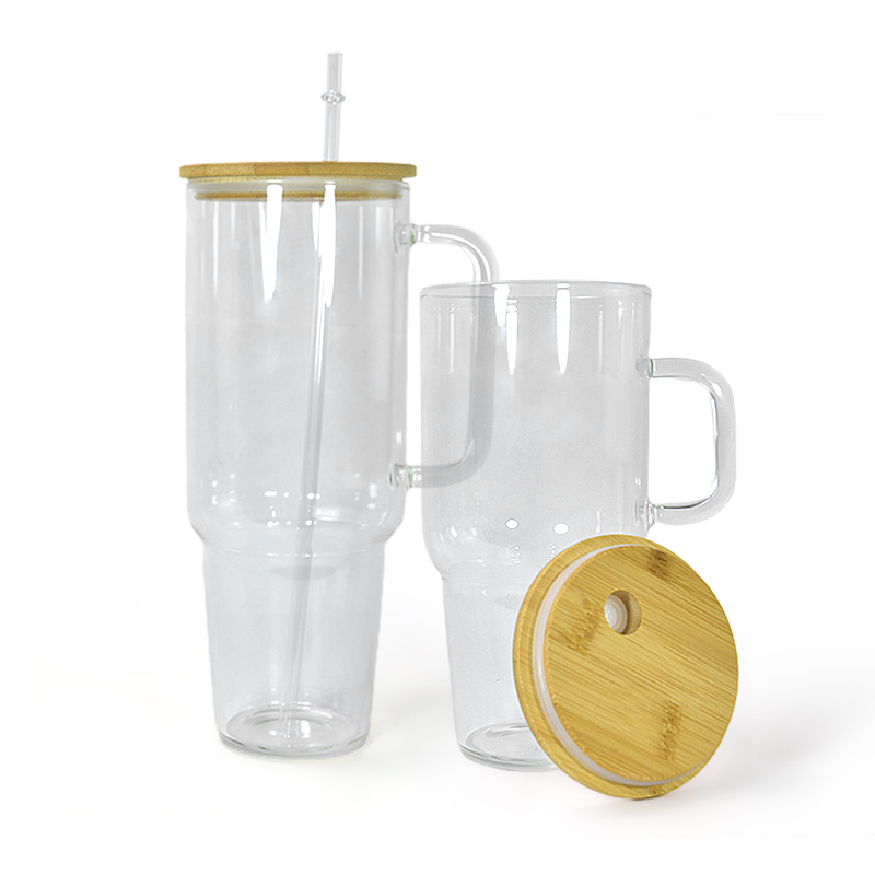 USA RTS 32oz 40oz Sublimation Frosted Clear Glass Bottle With Wooden Lid and Handle