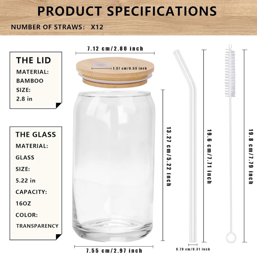 CHINESE WAREHOUSE 16oz Regular Clear Glass Beer Can Come With Glass Straw+Bursh+White Box