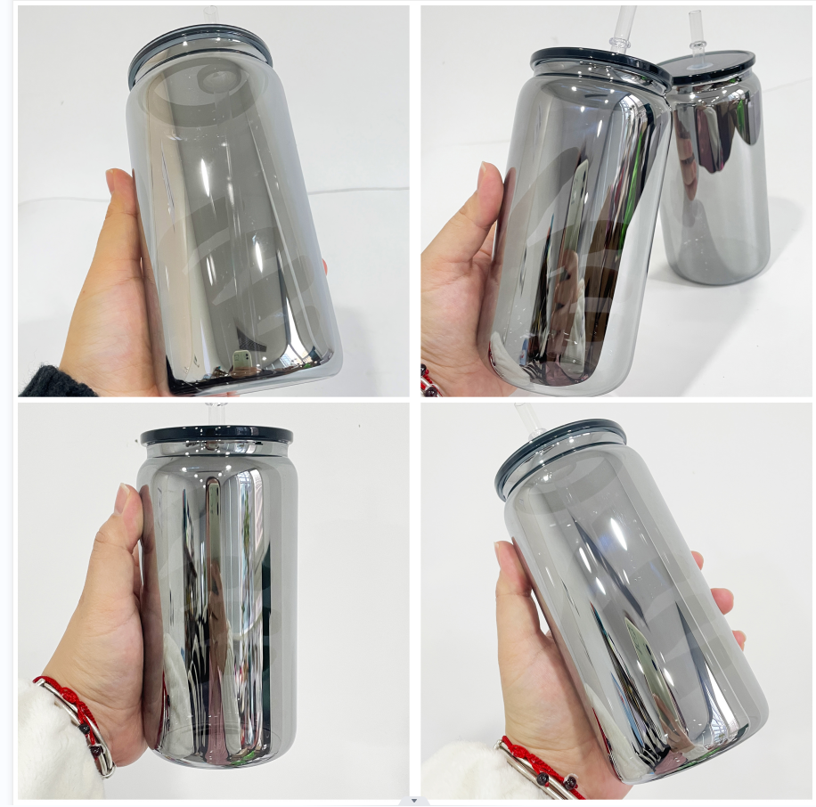 USA Presale BPA Free Black Mirror Plated 16oz Beer Soda Glass Can with Plastic Straws