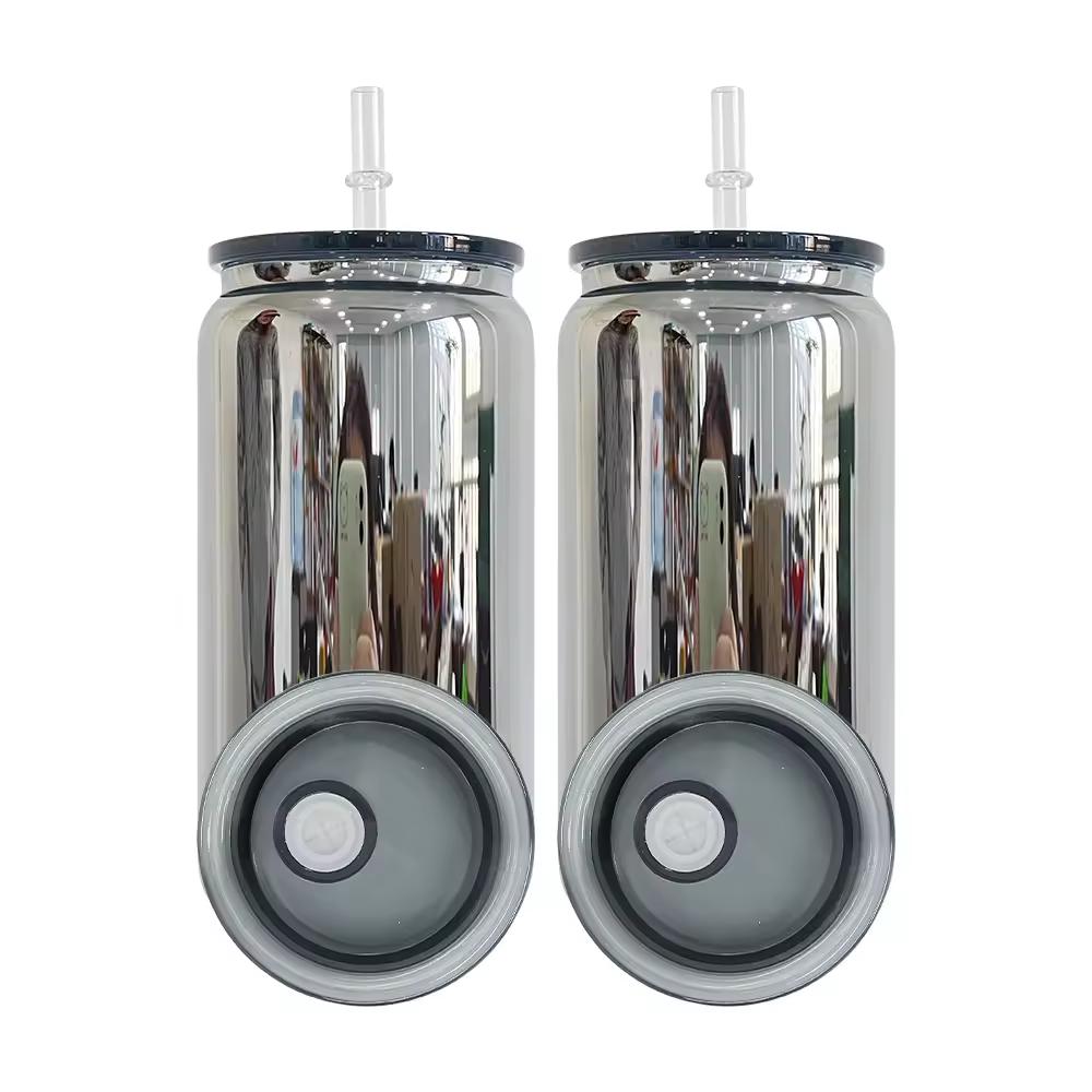 USA Presale BPA Free Black Mirror Plated 16oz Beer Soda Glass Can with Plastic Straws