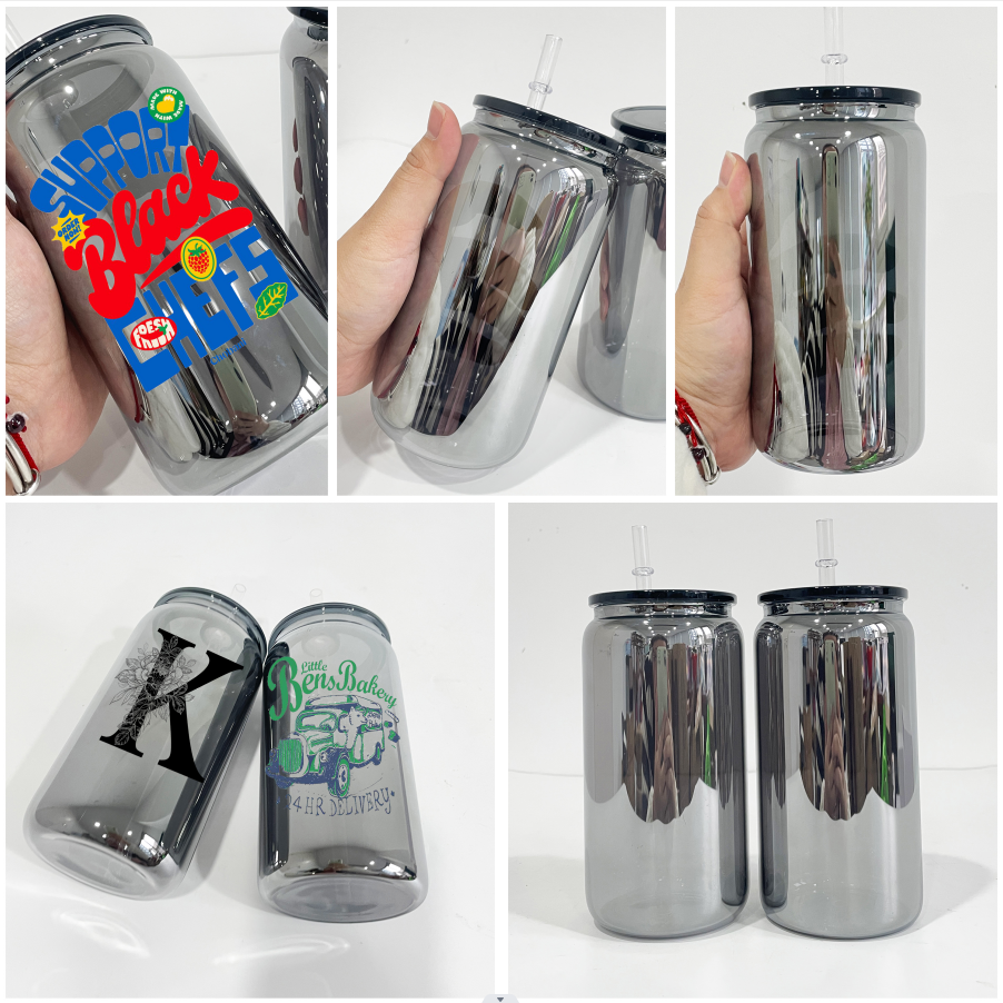 USA Presale BPA Free Black Mirror Plated 16oz Beer Soda Glass Can with Plastic Straws