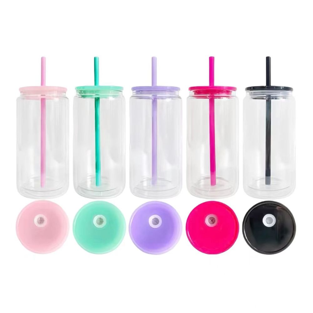 CHINESE WAREHOUSE 16oz Sublimation Snow-globe Double Wall Clear Glass Can With Colorful Lid