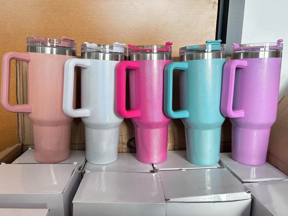 USA RTS 40oz V1 Sublimation Colorful Rainbow Shimmer Glitter Tumbler With Handle