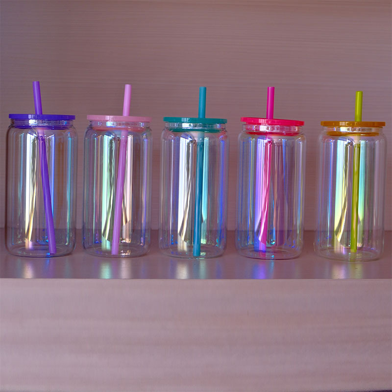 CHINESE WAREHOUSE 16oz Iridescent Rainbow Plated Sublimation Glass Can