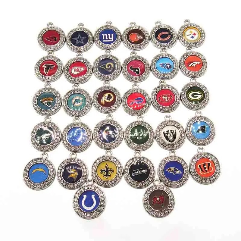 CHINESE WAREHOUSE Wholesale Alloy Rhinestone Charms 32 Designs Football Teams Pendants For Men and Women Jewelry