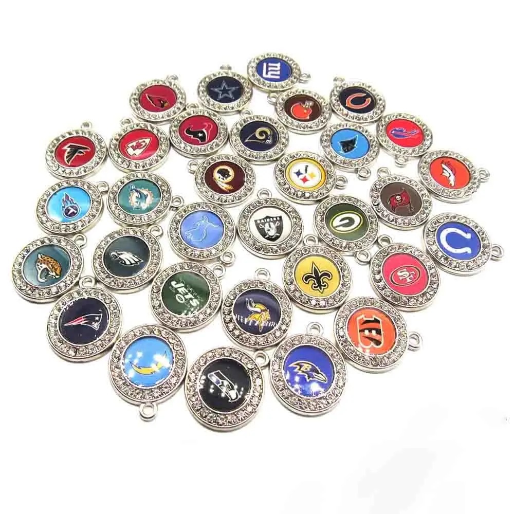 CHINESE WAREHOUSE Wholesale Alloy Rhinestone Charms 32 Designs Football Teams Pendants For Men and Women Jewelry