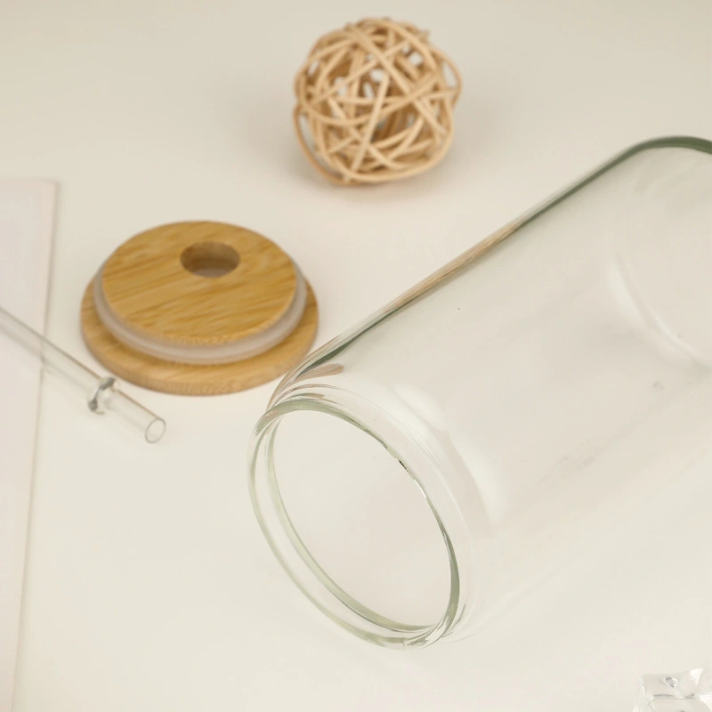 USA RTS 16oz Sublimation Blank Clear/Frosted Glass Can With Bamboo Lid And Plastic Straw