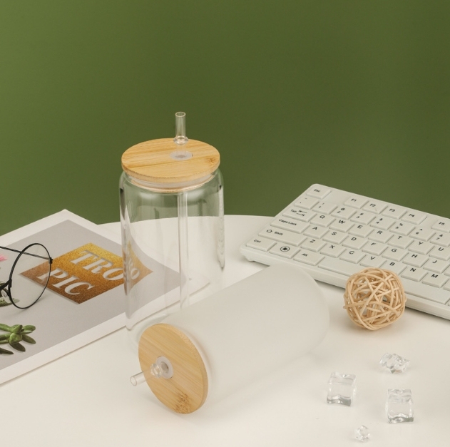 USA RTS 16oz Sublimation Blank Clear/Frosted Glass Can With Bamboo Lid And Plastic Straw