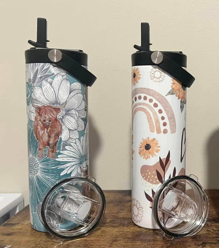USA RTS 20oz Sublimation Blank Straight Water Bottle With Black Handle Dual Lid And Straw