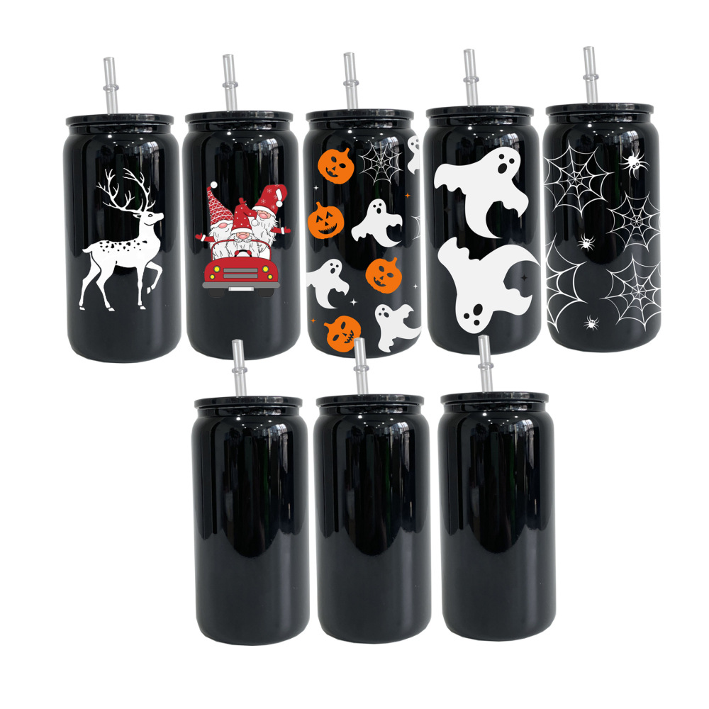 USA RTS 16oz Sublimation Black Glass With Plastic Straw