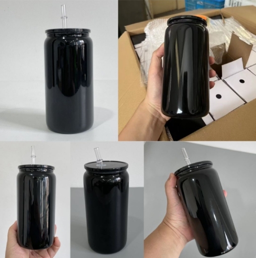 USA RTS 16oz Sublimation Black Glass With Plastic Straw