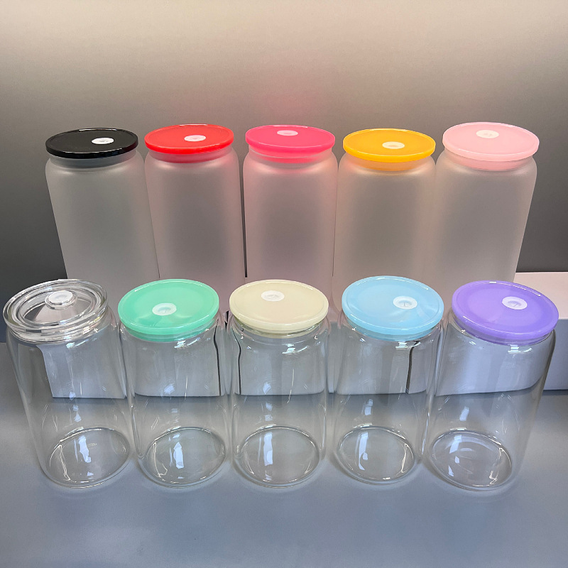 USA RTS 16oz Sublimation Frosted Glass With Colorful Plastic Lid