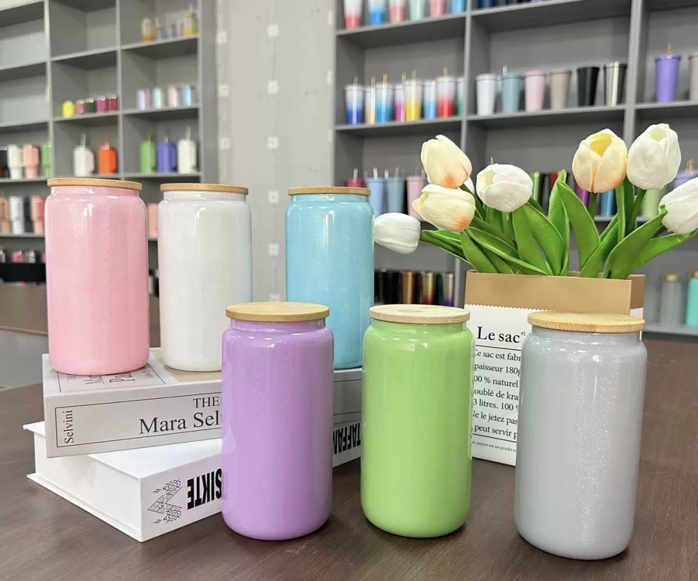 USA RTS 16oz Sublimation Shimmer Glitter Glass Can With Colorful Lids And Plastic Straw