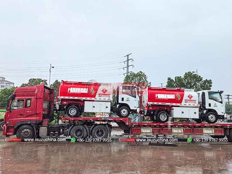 2 Units of ISUZU NPR Refueling Trucks Loaded onto Flatbed Trucks