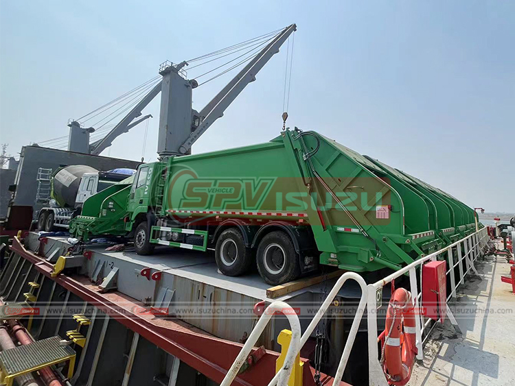 15 Unitsof Garbage Compactor Truck Loaded onto Deck of Bulk Vessel