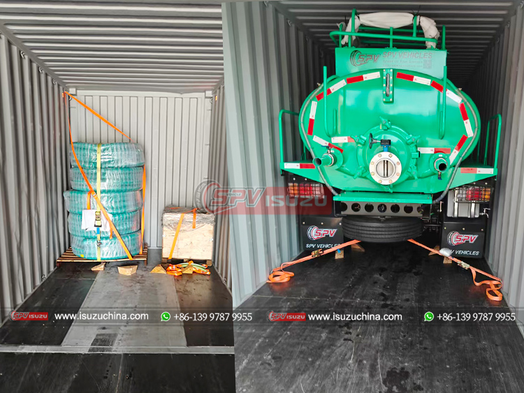 ISUZU 5,000L Fecal Disposal Truck and Spare Parts Loaded Into Contianer