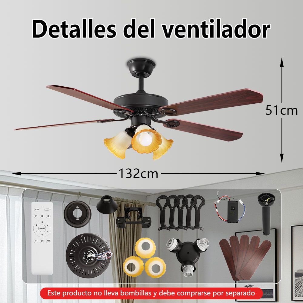 VEN31  CM-TOP Ventilador De Techo 5 Aspas Café Madera 52" Diámetro