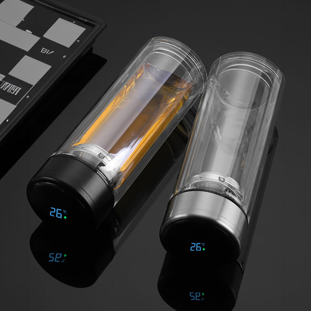 Botella infusora de té de vidrio de doble pared, botella de agua deportiva inteligente para café transparente con pantalla LED de temperatura y filtro de acero inoxidable