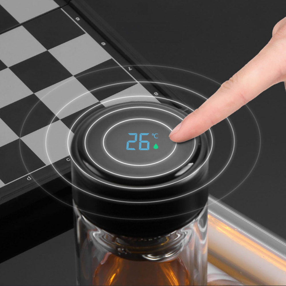 Botella infusora de té de vidrio de doble pared, botella de agua deportiva inteligente para café transparente con pantalla LED de temperatura y filtro de acero inoxidable