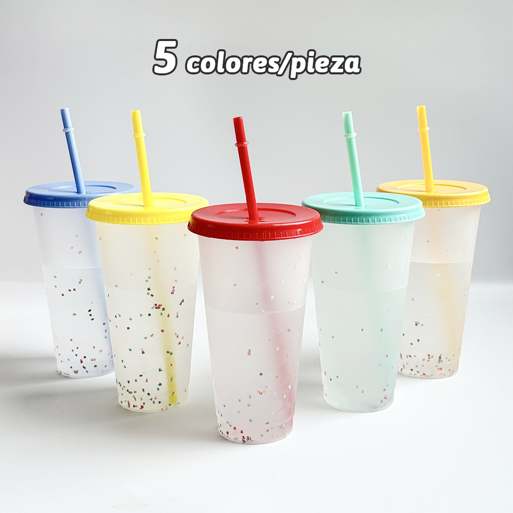 Conjunto de 5 Taza que cambia de color con tapa y pajita 700ml