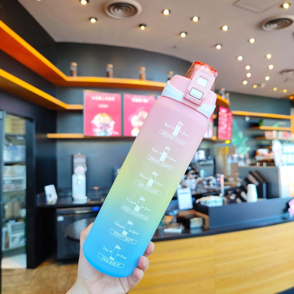 1000ml Botella deportiva de color degradado,Con escala de tiempo
