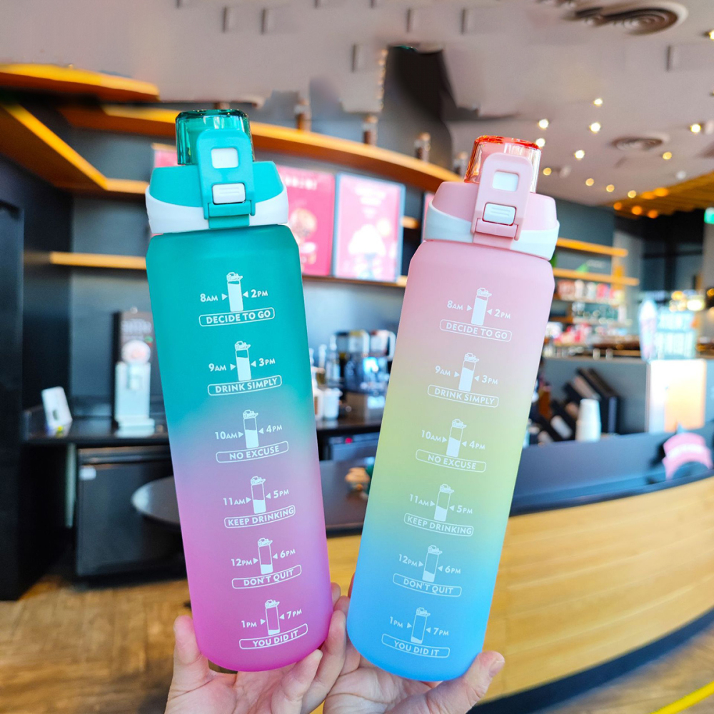 1000ml Botella deportiva de color degradado,Con escala de tiempo
