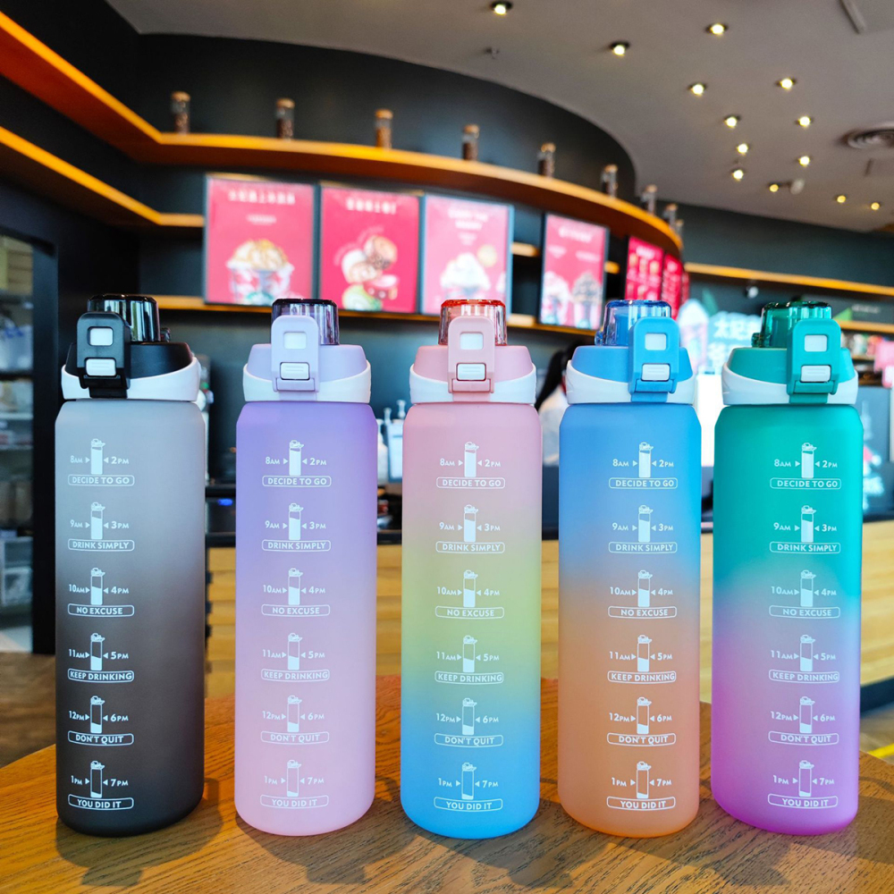 1000ml Botella deportiva de color degradado,Con escala de tiempo