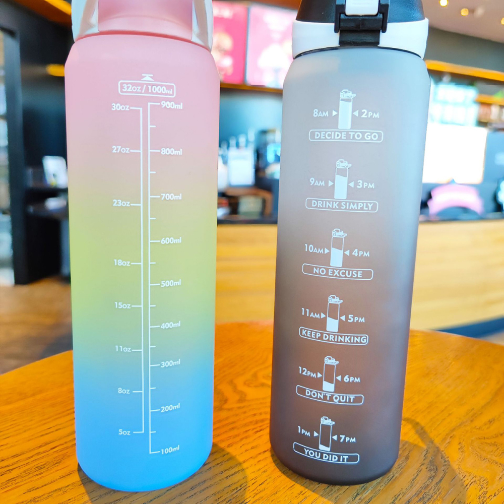 1000ml Botella deportiva de color degradado,Con escala de tiempo