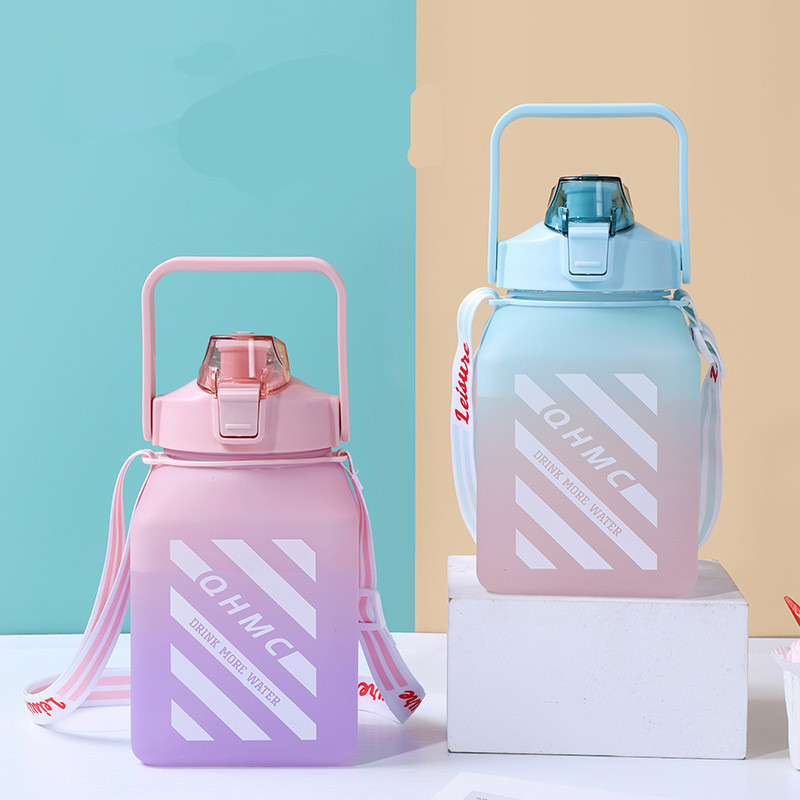 1500 ml Botella de agua de color degradado Vaso de plástico portátil con pajita